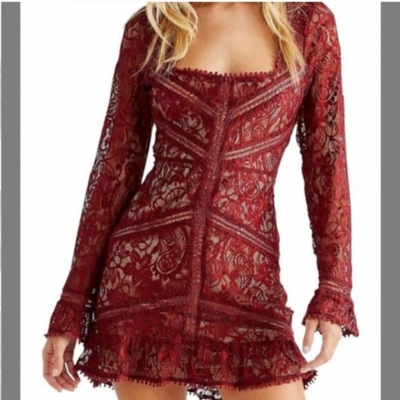 For Love & Lemons Emerie Maroon Lace Open Back Mini Dress - Picture 4 of 8